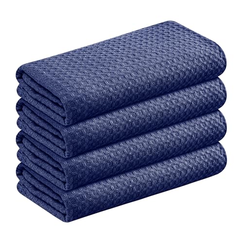 Image of Waffle Weave Dish Towels 4 Pack, 16x26 Inches, Quick Dry Towels for Kitchen, Reusable, Absorbent Wash Cloths Set, Washable Fabric, Heavy Duty for Daily Use - Indigo Blue