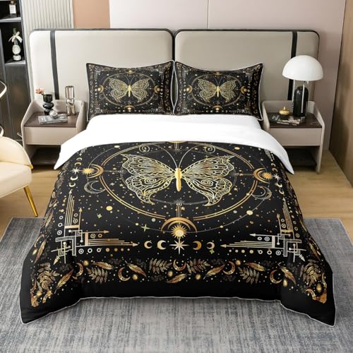 Homemissing Butterfly 100% Cotton Duvet Cover Kids Sun Moon Bedding Set Black Gold Comforter Cover Set Double Size for Women Men Solar System Bedspread Cover