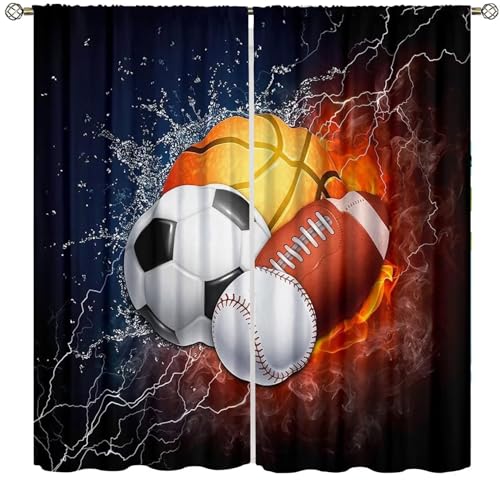 SXXLDNG Sports Curtains for Boys Bedroom,Baseball Soccer Football Basketball Window Drapes Sport Gaming Window Curtains,Window Treatments 2 Panel Set 52" Wx84 L,Decor