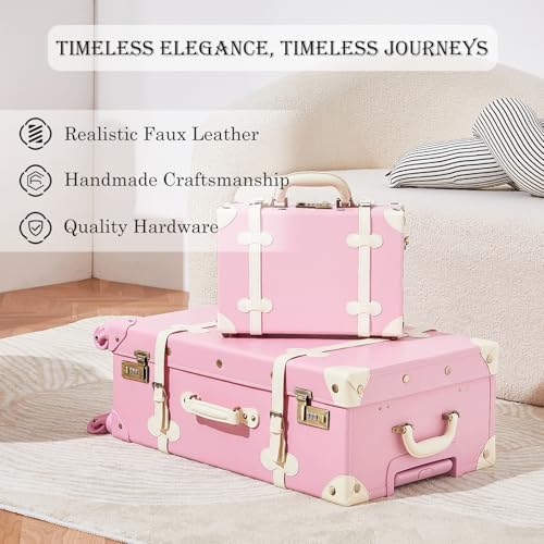 Image of UNIWALKER Vintage Luggage Set of 3, Retro Spinner Trunk with Combo Lock for Women, Cute Designer Travel Suitcase Set with Train Case, 26 inch+20 inch+12 inch, Rose Pink