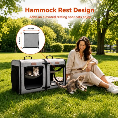 Image of PETUX 2-in-1 Double Cat Carrier with Play Tunnels for Multiple Cats | Portable, Breathable, Soft Side Cat Carrier with Litter Box and Comfortable Hammock for Travel and Vet Visit, 32 inchx13 inchx17 inch