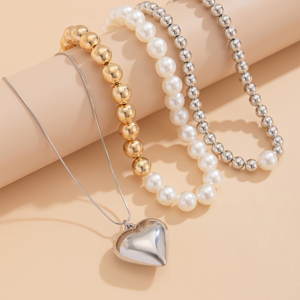 Dainty Layered Silver Beaded Pearl Heart Gold Necklaces for Women Statement Chunky Beads Love Heart Pendant Choker Necklace Charm Party Jewelry Gifts - Image 6