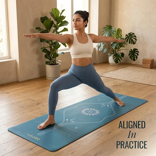 Image of WiseLife PU Alignment Rubber Professional Yoga Mat + Carry Strap - Extra Thick Extra Long Extra Wide Exercise floor mat for Gym, Workout, Fitness, Yoga and Pilates) PURE PU Leather & Natural Rubber ( Frosted Blue 6mm )