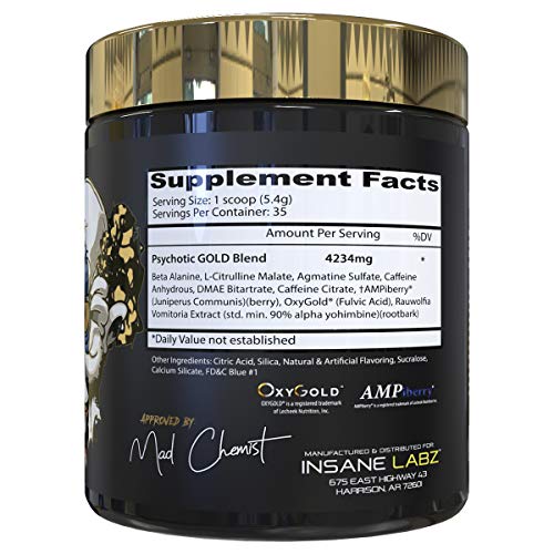 Image of Insane Labz Psychotic Gold, High Stimulant Pre Workout Powder, Extreme Lasting Energy Focus, Pumps and Endurance with Beta Alanine, DMAE Bitartrate, NO Booster (35 Servings, Blue Punch)