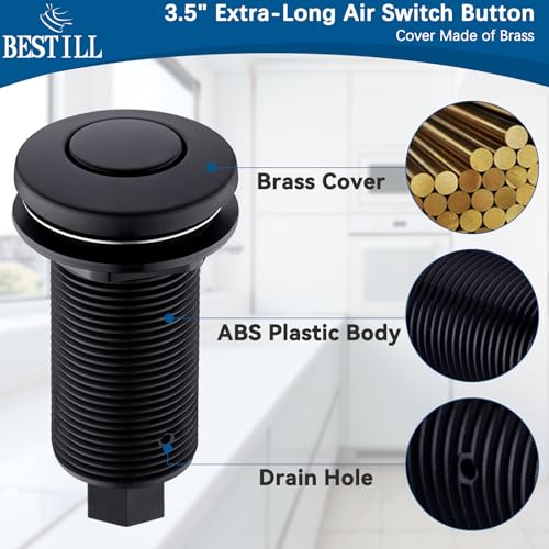 Image of BESTILL Garbage Disposal Sink Top Air Switch Kit with Single Outlet, Matte Black 3.6 inch Long Push Button with Brass Cover, UL Listed, Compatible with all Garbage Disposals