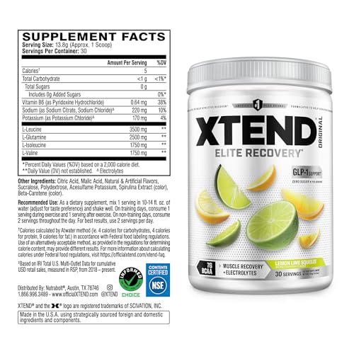 Image of Xtend Original BCAA Powder, 7g BCAAs and 2.5g L-Glutamine for Muscle Recovery Hydration and Lean Muscle, Sugar Free Intra and Post Workout Drink with Electrolytes, Lemon Lime Squeeze, 30 Servings
