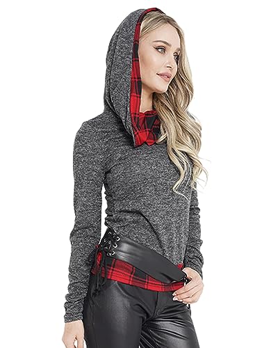 Image of DRESSFO 2024 Women's Knit Hooded Color Block Plaid Shirt Sweatshirt Pullover Sweatshirt Top With Lace-up Belt