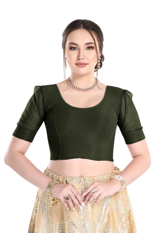 Image of FINESTFIT Stay On Trend Fashion 100% Cotton Readymade Blouses for Women,Round Neckline with Organza Balloon Sleeves.