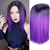 Fancy Hair Ombre Wig Purple Short Straight Wigs Middle Part Shoulder Length Purple Dark Roots Natural Synthetic Wigs for Women Daily Party Cosplay Raven(Ombre Purple)