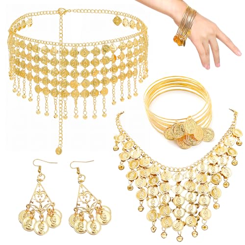Tmlifehy 14pcs Belly Dance Skirt Accessory, Gold Dancing Jewelry, Adjustable Fringe Hip Scarf, Belly Dancer Outfit for Bellys Dance Music Festivals Themed Parties Halloween