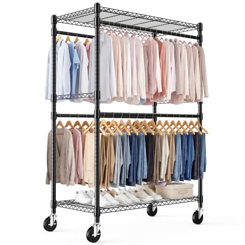 Himimi Kleiderständer Stabil, Kleiderständer auf Rollen mit 4 Kleiderstangen & höhenverstellbaren Ablagen, offener Kleiderschrank aus Metall für Schlafzimmer, Waschraum, Balkon, 114x52x203 cm, Schwarz