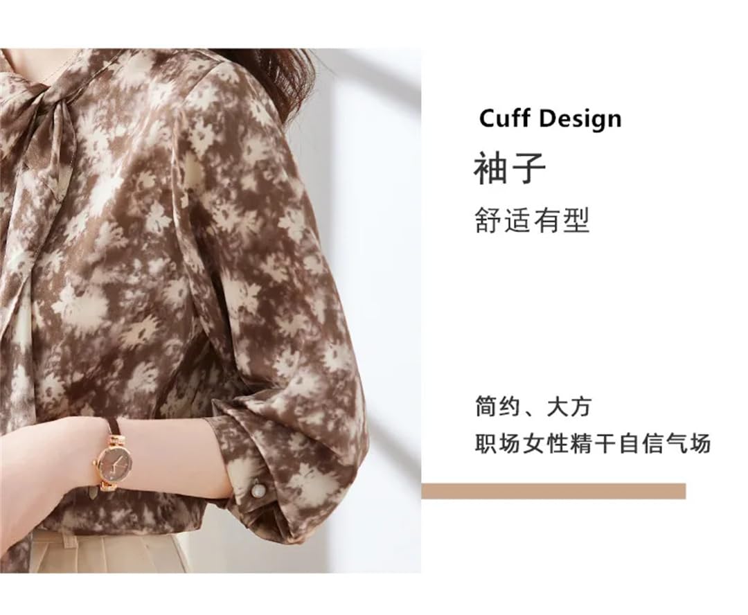 Elegante blusa de gasa estampada de manga larga para mujer, cuello redondo, con cordones