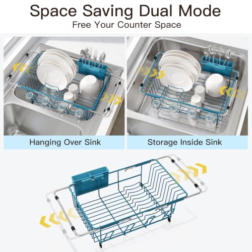 Image of JASIWAY Blue Dish Drying Rack in Sink, Dish Drainer with Utensil Holder