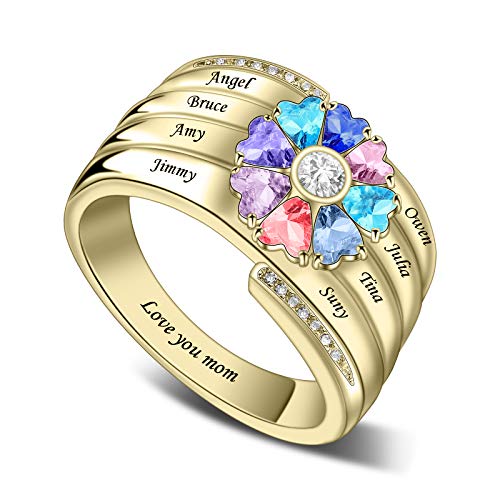Personalized Mothers Rings with 3-8 Name&Simulated Birthstones Family Ring for Mother Grandmother Anniversary Rings for Women Mother Day Gift (Style 7)