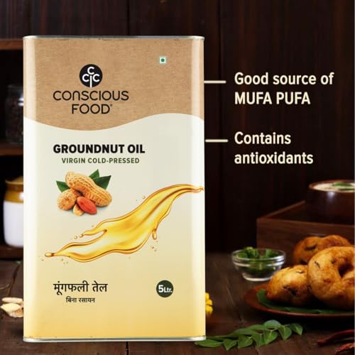 Image of Conscious Food Cold Pressed Groundnut Oil | 5 Litre | Peanut Oil | Natural | Cooking Oil | Kolhu /Kacchi Ghani /Chekku | Mungfali tel