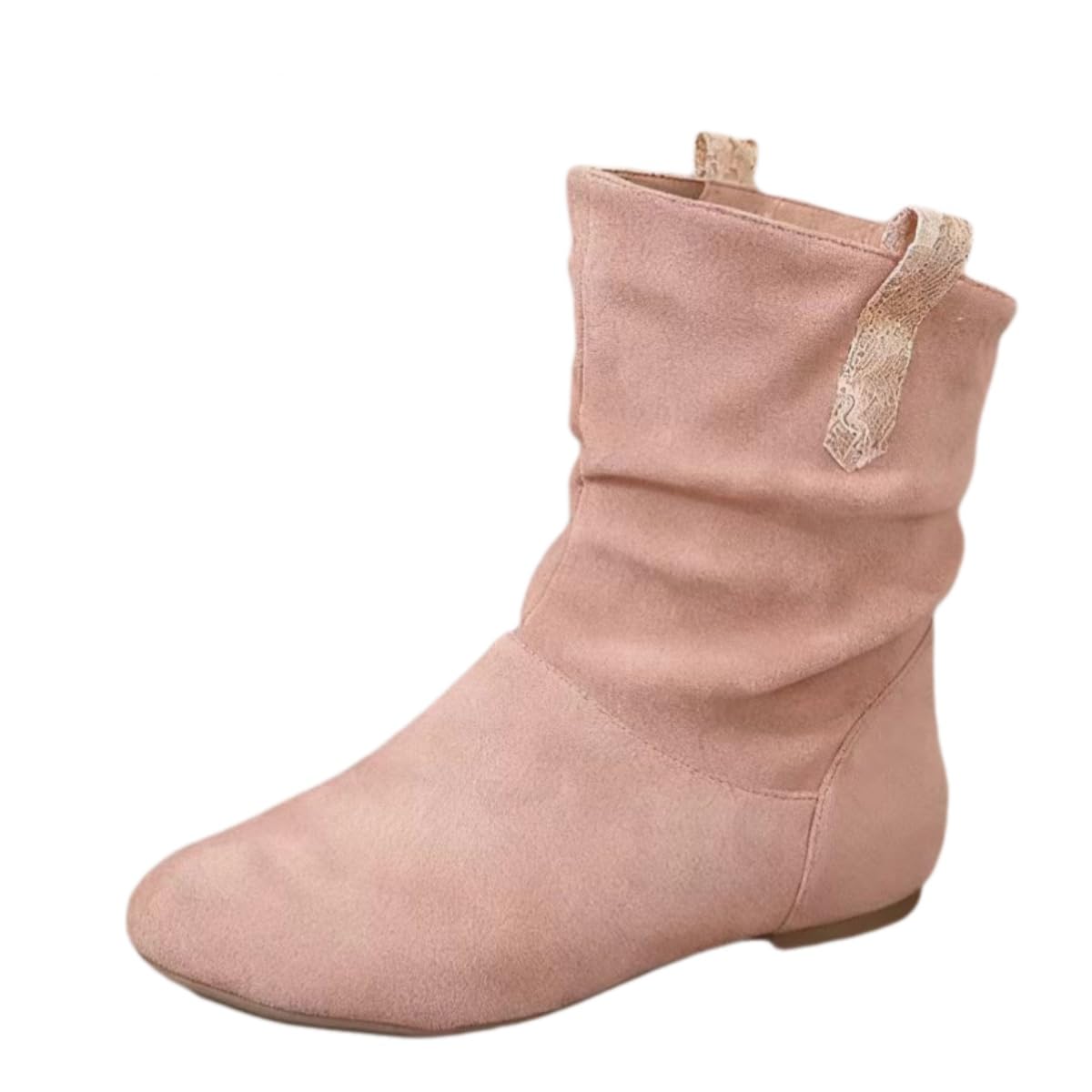 Womens Fashion Slouchy Booties - Suede Ankle Boots with Lace Accent 1cm Flat Heel Comfortable Shoes for Casual
