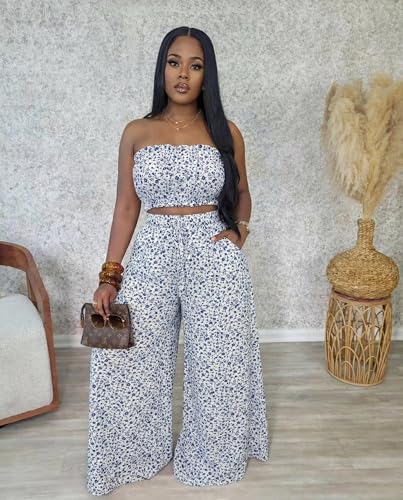Image of Two Piece Sets for Women Summer Outfits Crop Tops and Wide Leg Pants Sets Sexy Jumpsuits Vacation Outfits with Pockets
