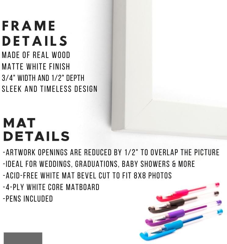 Miniatura 4 de Poster Palooza Marco de fotos de autógrafo blanco de 24 x 24 pulgadas con apertura de corazón blanco para fotos de 8 x 8 pulgadas, con bolígrafos,