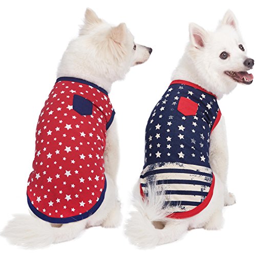 Blueberry Pet Pack of 2 Soft & Comfy Patriotic Spirit USA Stars Stripes American Flag Cotton Blend Dog T Shirts, Back Length 14', Clothes for Dogs