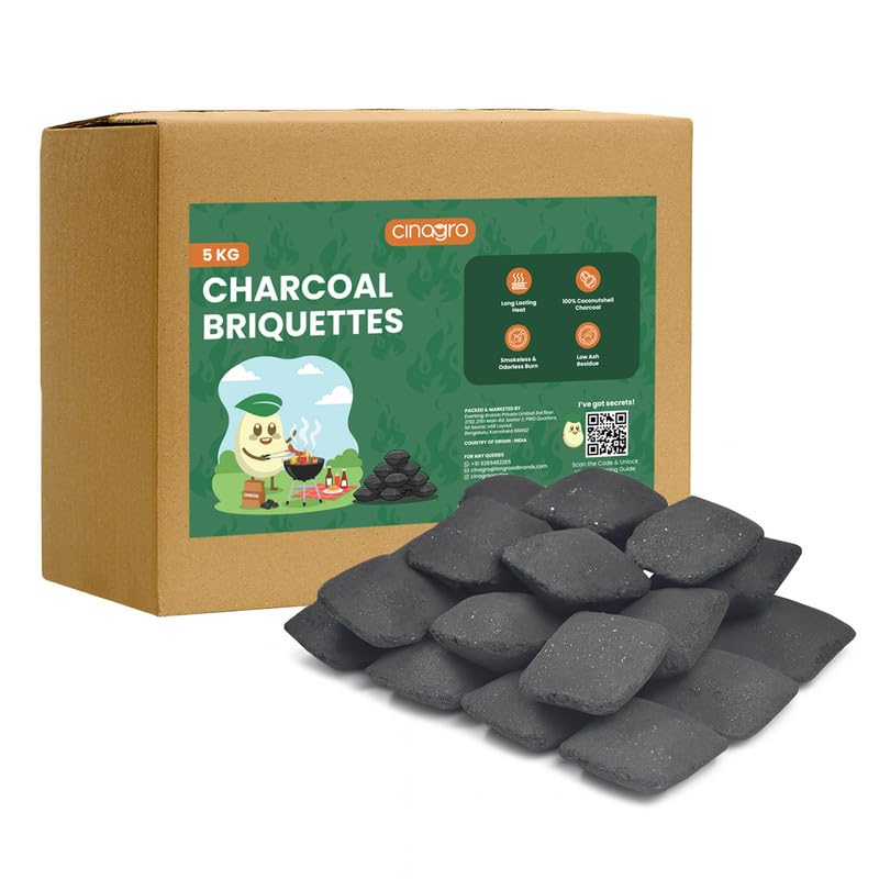 Image of Cinagro Charcoal Briquettes, 5kg, All-Natural Coconut Shell, Low Smoke | Pillow Shape Long-Lasting Fire Cubes for Smoky Heat, Even-Burning for BBQ