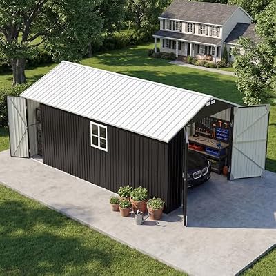 Patiowell 12x20 FT Enclosed Metal Carport, Large Heavy Duty Car Port with Galvanized Steel Frame, All-Weather Garage Car Shelter with 3 Lockable Doors & Windows for SUV, Boats and Trucks, Black