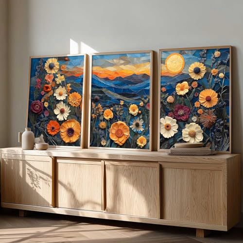 Image of kotart Abstract Floral Art Framed Painting | Big Aesthetic Flowers Vastu Framed Paintings for Living Room Bedroom Wall Decor Set Of 3 (10X13 inch)