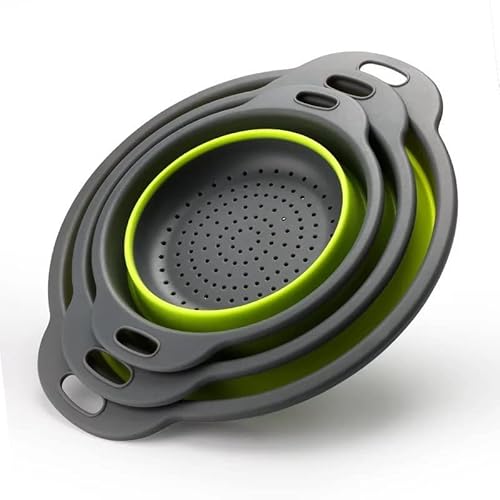 Jpl Set Of 3 Collapsible Silicone Strainers, Collapsible Colander - Set Of 3-2 Quart, 3 Quart, 4 Quart - Green & Grey #TOP4