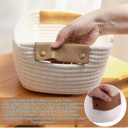 STARVAST 3 Stueck Baumwollseil Aufbewahrungskorb, weisser geflochtener Korb 28 x 22 x 11 cm mit braunem Ledergriff, kleiner Korb zur Aufbewahrung fuer Regal, Tisch und Kommode – Bild 4