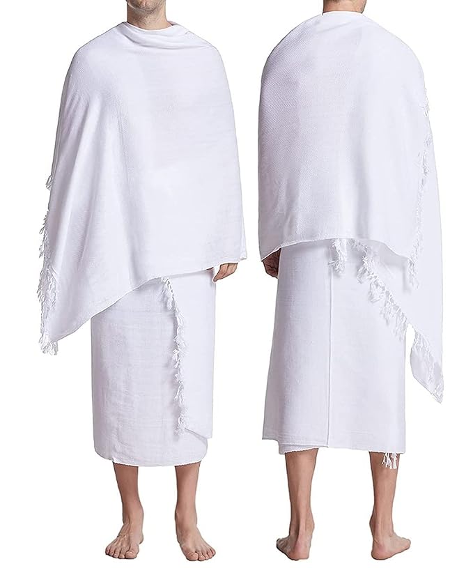 NAZNEEN Men's White Cotton Ihram Ehram Ahram for Hajj and Umrah 100% Cotton Honey Comb Pattern 2 pcs Set (Top and Bottom)