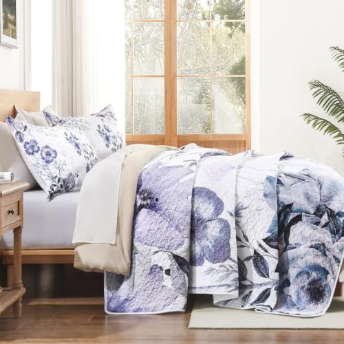 Image of Andency Floral Boho Quilt King Size Bedding Set Purple White, 3 Pieces Farmhouse Flower Botanical Summer Bedspreads with 2 Shams, Soft Reversible Lightweight Polyester Coverlet All Season, 106 inchx96 inch