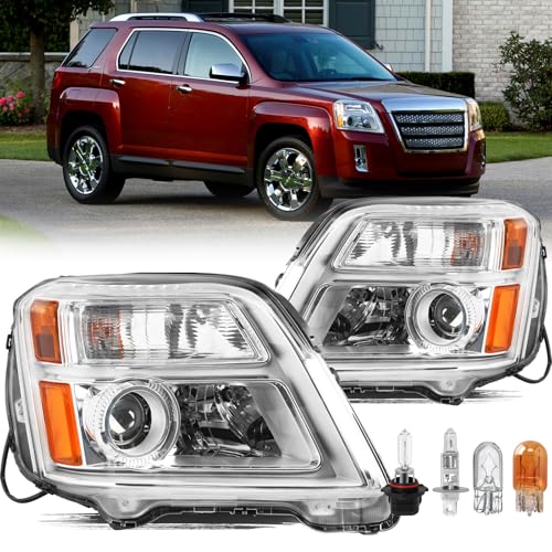 Aosky Headlight Assembly Compatible with 2010-2015 GMC Terrain SLE/SLT Halogen OE Projector Headlamp Replacement Driver + Passenger Side Chrome Housing Amber Reflector Include All Bulbs