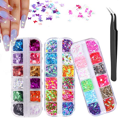 3D Christmas Butterfly Nail Glitter Sequins (90G/3 Boxes), 36 Color Laser Butterfly Nail Sequin Acrylic Paillettes, Nail Sparkle Glitter for Nail Art Decoration