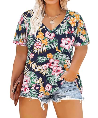 Image of TIYOMI Plus Size Tops for Women V Neck Tshirts Basic Tunic Casual Hawaii Floral Tie Dye Camo Summer Short Sleeve Tee XL-5XL