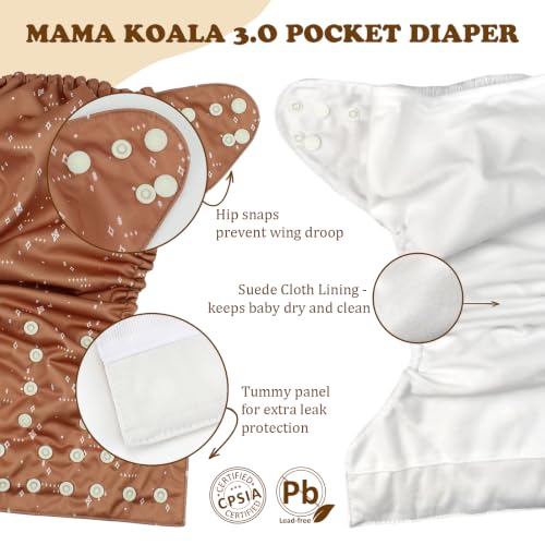 Image of Mama Koala 3.0 Pocket Cloth Diapers for Babies with Suede Cloth Lining, 6 Pack with 6 4-Layer Natural Diaper Inserts - Reusable and Washable Pocket Diapers (Simply Neutral)