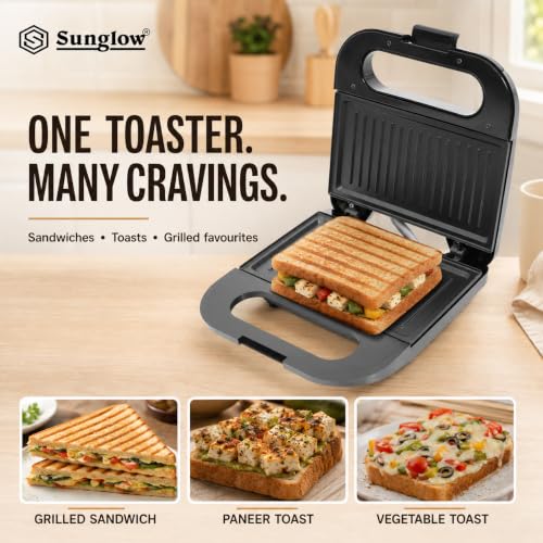 Image of Sunglow Crystal 750 Watt Sandwich Maker, Electric Toaster with Ribbed Grilling Plates, Indicator Lights, Scratch Resistant, 180 Open Griller, Auto Cutoff, 1 Year Warranty, 2 Slices, Black