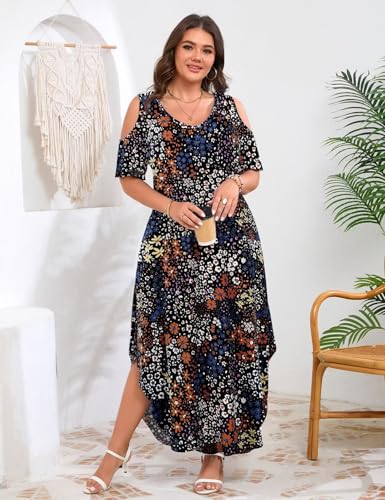 Image of JollieLovin Womens Plus Size Casual Summer Maxi Long Dress Cold Shoulder V Neck Beach Sundresses