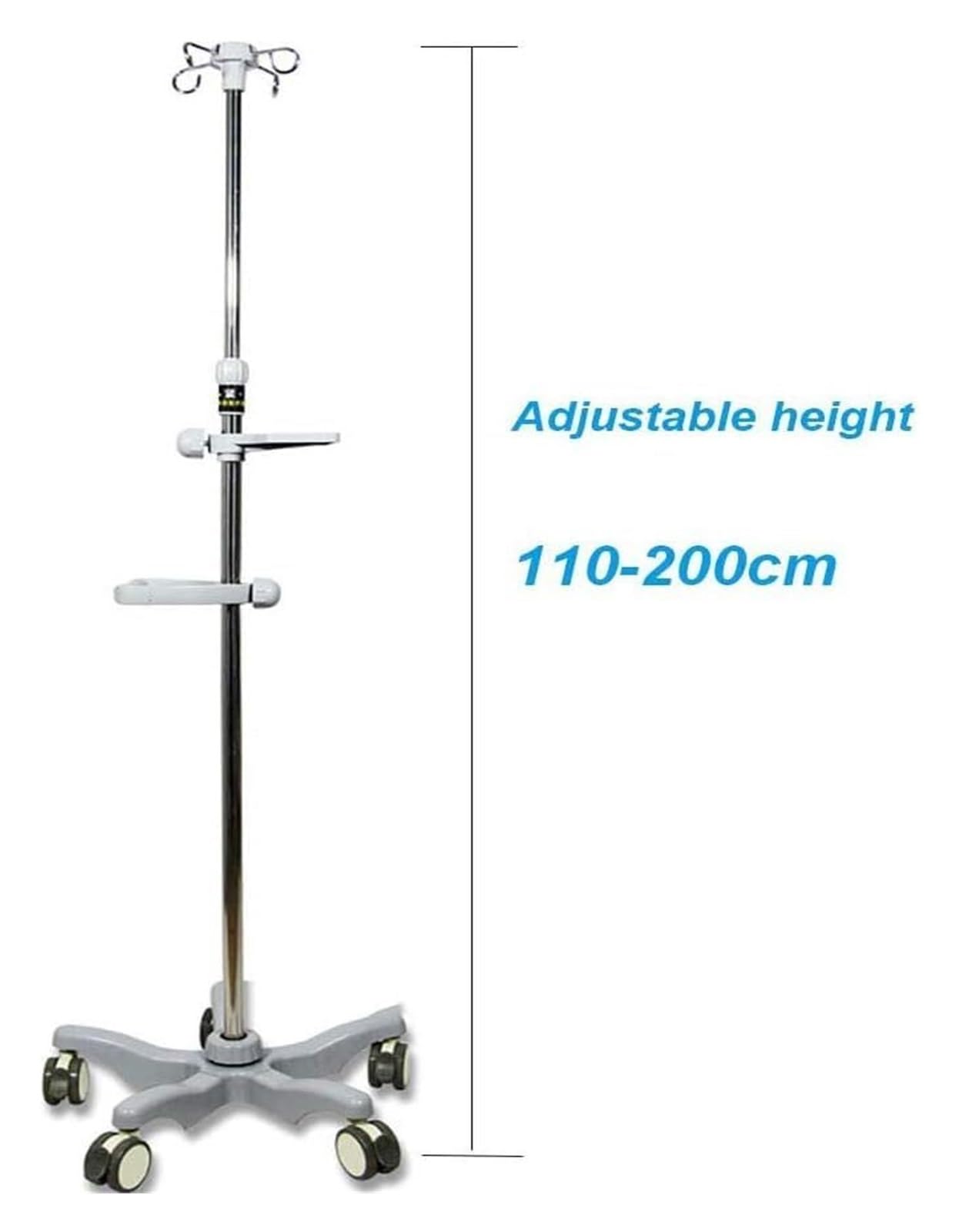 Cavalletto per Flebo Regolabile 110-200 cm - Asta Porta Flebo con 4 Ganci e Base a 5 Gambe in Acciaio Inox, Leggero con Ruote per Casa, Ospedale e Ambulanze
