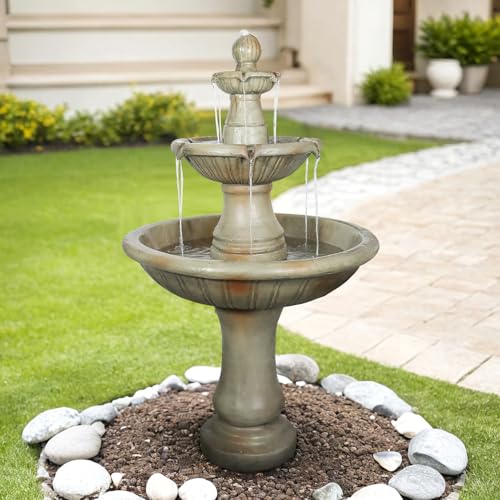 Image of SunJet 51.5 inch High 3-Tiers Modern Concrete Outdoor Water Fountain - Round Large Outdoor Fountains and Waterfalls for Garden, Patio, Yard, and Deck Decor, Featuring Natural Stone Look