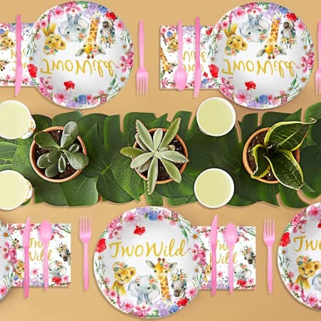 231 PCs Two Wild Birthday Decorations Girl, Hombae Jungle Safari Animal Theme 2nd Party Supplies Backdrop Balloon Garland Leaves Banner Tablecloth Cake Topper Plate Napkin Cup Straw Knife Fork Spoon