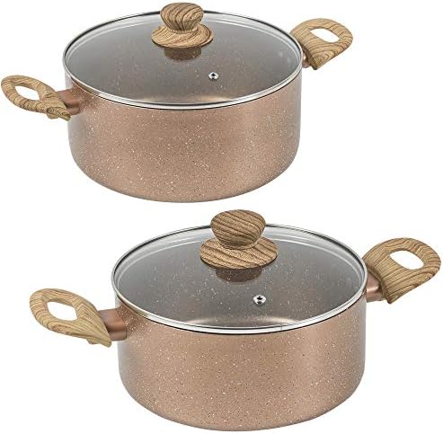 Non Stick Ceramic Induction Casserole Dish Stockpot Pot Soup Stew Pan Glass Lid (Rose Gold Marble, 20cm + 24cm Set)