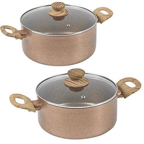 Non Stick Ceramic Induction Casserole Dish Stockpot Pot Soup Stew Pan Glass Lid (Rose Gold Marble, 20cm + 24cm Set)