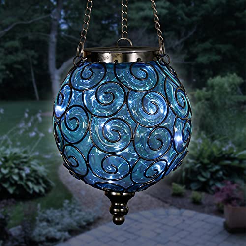 Exhart Solar Hanging Lantern, Handblown Blue Glass – Round Hanging Lantern Light w 12 LED Firefly String Lights, Metal & Glass Lantern Decorative Orb for Outdoor Décor (7in l x 7in w x 20in h)