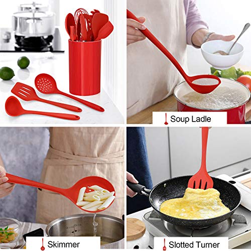 Image of LIANYU 12-Piece Red Silicone Kitchen Cooking Utensils with Holder, Kitchen Tools Set Include Slotted Spatula Spoon Turner Ladle Tong Whisk, Dishwasher Safe