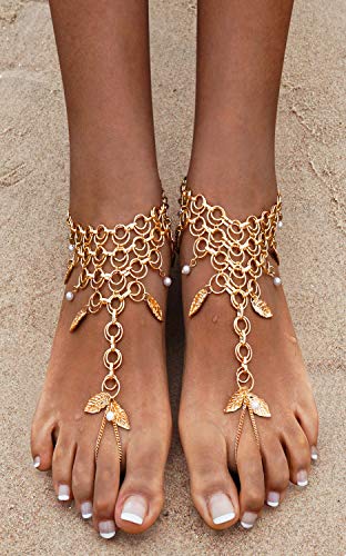 Bienvenu Women's Multi Chain Tassels Anklet Leaves Chain Beach Wedding Foot Jewelry,Copper #TOP2