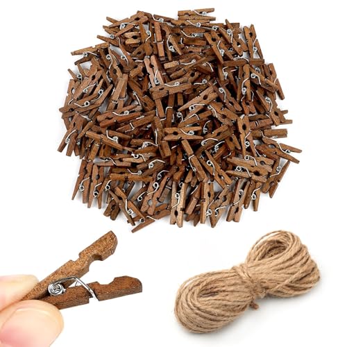 sulanmo 150PCS Mini Pinces a Linge Bois, 25MM Petite Epingle en Bois Bronzée avec 10M Corde de Jute, Décoration DIY Photos
