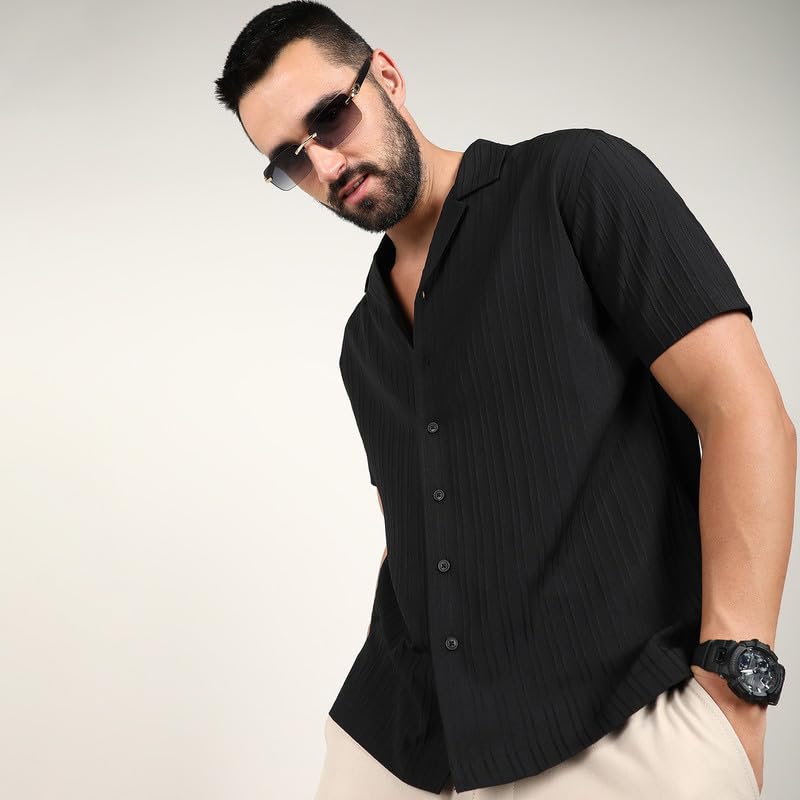 Image of CAHOOT Men's Self-Design Striped Shirt for Casual Wear | Spread Collar | Long Sleeve | Button Closure | Shirt Crafted with Comfort Fit for Everyday Wear