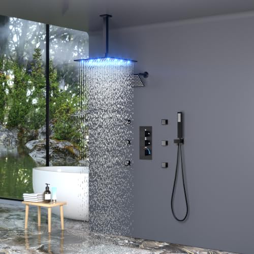 Sistema de Ducha LED de Techo HOMEDEC 12" con Cabezal de Ducha de Pared de 6", Válvula Desviadora 4 Vías, Ducha de Mano y 6 Jets de Cuerpo, Negro miniatura 2