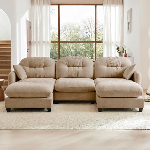 Image of KEIKI 107 inch U-Shaped Oversized Chenille Modular Sectional Sofa with 2 Ottoman, High-Density Foam Cushions, Tufted Pleated Cushion Backrest, Modern 3-Seater Couch with 2 Pillow, for Living Room, Camel