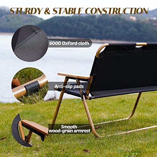 Bigtree 2-Person Folding Chairs Portable Outdoor Camping Durable Fishing Loveseat Chair For Patio Lawn Picnic Bbq Beach Support 400 Lbs - Black #TOP4