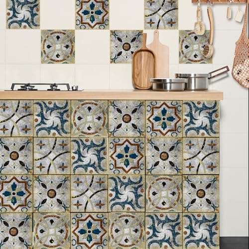 Adhesivos para azulejos， Pegatinas for azulejos de pared, autoadhesivas for cocina y baño, resistentes al agua, color gris azul, 10 unidades(10 Pcs/20x20cm)